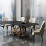 Modern Dining Table With Stainless Steel Finish Black White Desk Top For Six People Home Rectangle Luxury Marble Kitchen Table - Image 4