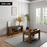 TV table and Lift Top Coffee Table with Storage , Rustic Wood Raisable Top Central Table for Living Room - Image 2